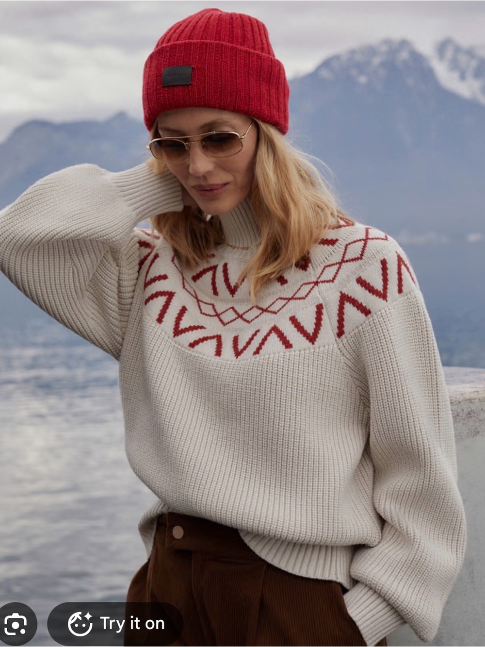 Varley Beige Cowlneck Sweater with Red Fair Isle Yoke